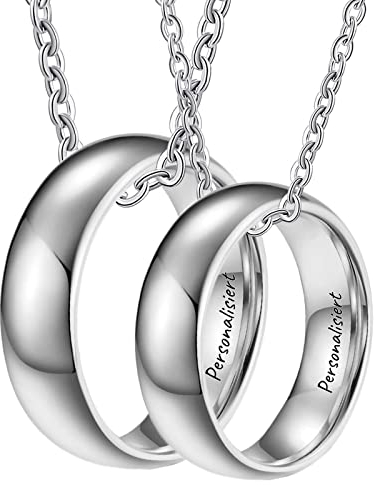 Paar Ketten 2 Stück, Wolfram Anhänger Ringe 8mm Poliert Paare Ketten Silber, Herrenkette 60cm, Damenkette 50cm, Größe 54 & 62