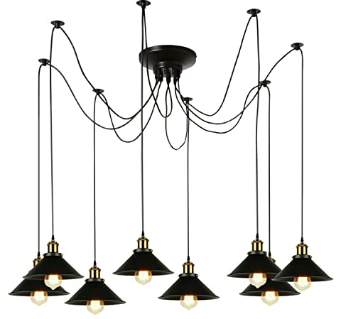 LEDSone Vintage 5 Kopflampe Spinne Lampe Pendelleuchte Höhenverstellbar Metall Schwarz Käfig Lampenschirm Retro Industrie Deckenleuchte Kronleuchter mit E27-Fassung (Schwarz + Glühbirne)