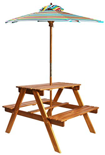 Homgoday Table de Pique-Nique en Bois d'Acacia avec Bancs Intégrés et Parasol Amovible - Marron
