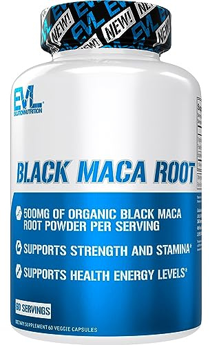 Evlution Nutrition Black Maca Root - Energy Support - 500mg Organic Black Maca Root Powder - Workout Supplement - Vegetarian Capsules - for Strength Performance & Stamina - 60 Servings