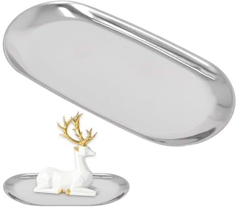 18x8.5cm Plateau de Rangement Ovale,Plateau Acier Inoxydable Noir,Plateau Distributeur Savon,Assiettes de Service en métal,Petit Plateau pour Bijoux, Cosmétique, Bougies, Savon (Argent)