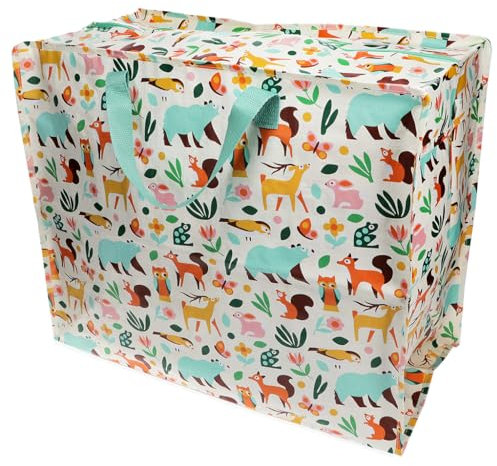 Rex London - XXL Riesentasche, Aufbewahrungstasche mit Reißverschluss, Muster bunt (Woodland/Waldtiere)