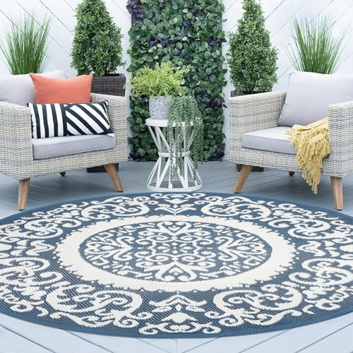 Homcomoda Runde Outdoor-Teppiche, 2,4 m, wasserdicht, tragbar, wendbar, groß, Kunststoff, Strohteppich, Wohnmobil-Teppich für Camping, Terrasse, Veranda, Deck