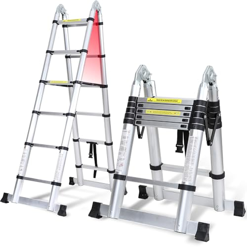 Cecaylie 3.8M Teleskopleiter Stabil Klappleiter 1,9M+1,9M Stehleiter Mehrzweckleiter A-Rahmen Leiter Anlegeleiter Aluleiter, bis 150KG, Silber