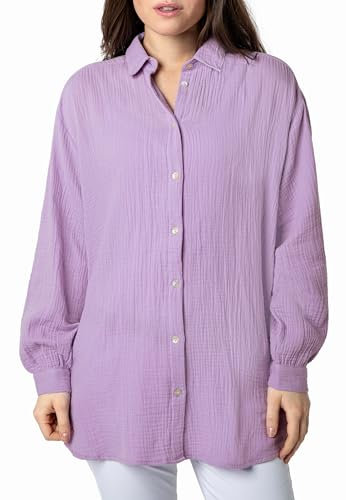 Sublevel Langarm Musselin Bluse mit Kentkragen - Damen Muselin Oversize Bluse, Baumwolle, Knopfleiste in verschienden Farben Purple S/M