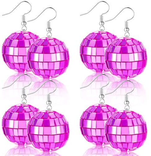 Ecation Discokugel Ohrringe für Frauen - Rosa Spiegelkugel Anhänger für 60er oder 70er Jahre Kostüm Bachelorette Halloween Weihnachten Outfit Zubehör, Medium, Schaumstoffkugel, Spiegelglas, Kein