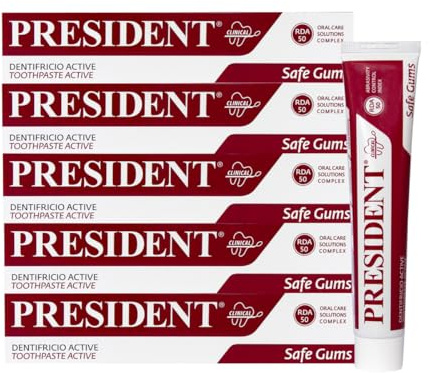 President Set mit 5 aktiven Zähnen mit Zahnfleischaktivität. Für gereiztes, entzündetes und Parodontitis. Sanitäre adstringierende Wirkung. RDA 50. 5 x 75 ml