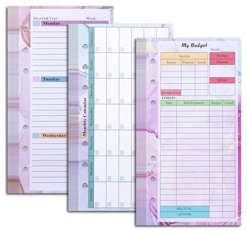 Toplive A6 Budget Planner Refill 82 Sheet Mixed Colors Monthly Weekly Planner Calendar Inserts 6 Hole Expense Budget for A6 Binder Cover Bill Saving