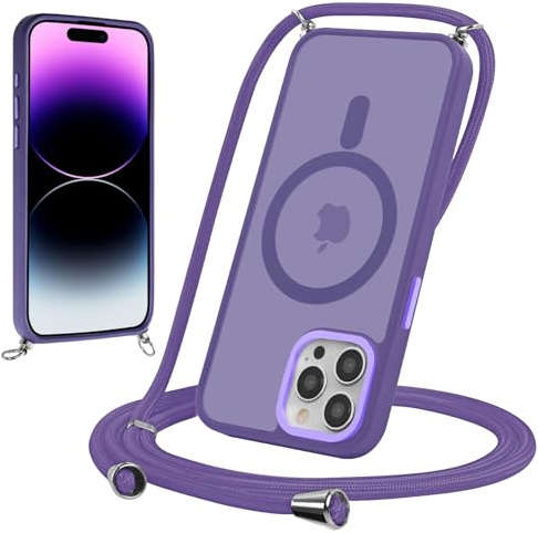 Yoedge Magnetica Cover per iPhone 15 Pro Max 6,7 con Cordino, Compatibile con MagSafe, Custodia Traslucida Opaca Hard PC Sottile TPU Antiurto Protettiva Case con Tracolla Laccio Corda Collana, Viola
