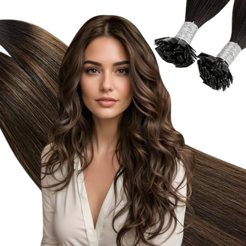 Ugeat Echthaar Extensions Bondings 45 cm Balayage Braun Seidig Keratin Bonding Extensions Echthaar Flat Tip Ombre Mittelbraun 50g für Mädchen 50 Strähnen #2/6/2