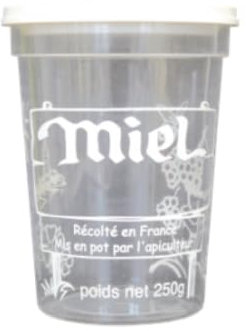 Lot de 10 Pots en Plastique avec Couvercles de 250g, Nicot impression 1 Couleur (PEP), Pots pour Conditionner le Miel ou autre utilisation Alimentaire, Prêts à l’emploi. FABRIQUER EN FRANCE