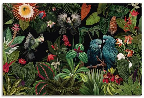 ARTLAND Wanddeko Leinwand Bilder Wandbild Tropischer Dschungel exotische Pflanzen Blumen Papagei Vintage U5HD