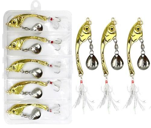 Yixinly 5 Stück Jig Spinner Set 15g in Köderbox, Angeln Metall Löffel Köder Spinner Bleikopfspinner für Barsch Hecht Zander Döbel, Angelgeschenke für Männer, Angelköder für Süß- und Salzwasser (Gold)
