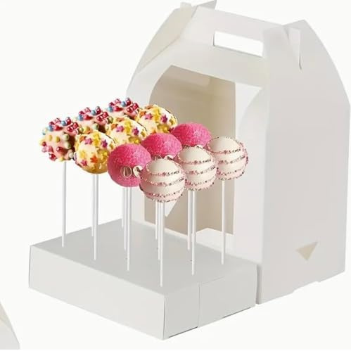 Sweet Treats Packaging Weiße Cake-Pop-Boxen mit Fenster und Griff, für bis zu 18 Fächer, Lollypop-Displaybox, 12 Stück, 21,5 x 15 x 30 cm