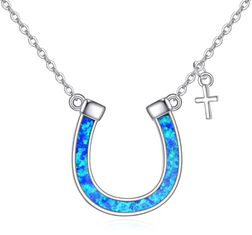 AINFQY Hufeisen Kette für Damen 925 Sterling Silber Pferd Glücksbringer Anhänger Halskette Blauer Opal Schmuck Geschenk