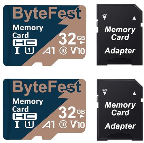 ByteFest 2 Pack 32GB Mic roSD Card with 2 Adapter, UHS-I U1 High Speed TF Card, A1 C10 V10 FHD Video, 80MB/s, Mic ro SD Flash Memory Card for MP3 MP4 Player/Camera/Android Phones/Tablets/Dash Cams