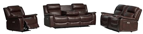 Emporium Furniture Electric Recliner Premium Leather 3 2 Seater Sofas Couches & Armchair reclining seats cup holders USB charging ports & wireless charging pad (Brown, 3 + 2+ 1)