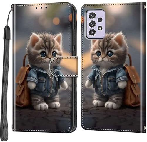 Handyhülle für Samsung Galaxy A52 4G / A52 5G / A52s 5G Hülle, Magnetische Flip Stoßfeste Schutzhülle mit Standfunktion Kartenfächern Klapphülle Handytasche Katze