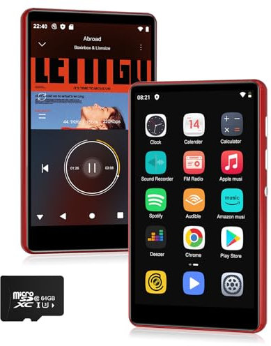 SWOFY M503Pro MP3 Player with Spotify Red,80GB MP3 Player with Bluetooth and WiFi,2000mAh MP4 Player with 4 Touchscreen, Android Music Player with Spotify Kids, Amazon Music, Play Store