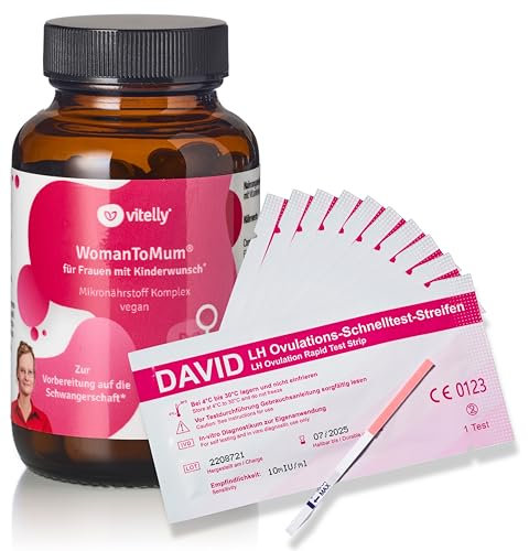 vitelly® - WomanToMum® Kinderwunsch-Tabletten + 10 Ovulationstests I 14 hochdosierte Nährstoffe I 60 Kapseln