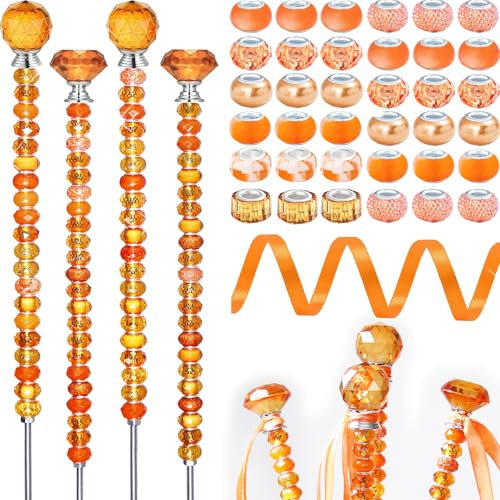 119 Stück Gartenstecker DIY Feenstab Pflanzenstecker mit orangefarbenen großen Loch Perlen Kristall Diamant Stopper Top 4 Edelstahl Gewindestange Perlen Gartenstecker für Außen Innen Hof Terrasse