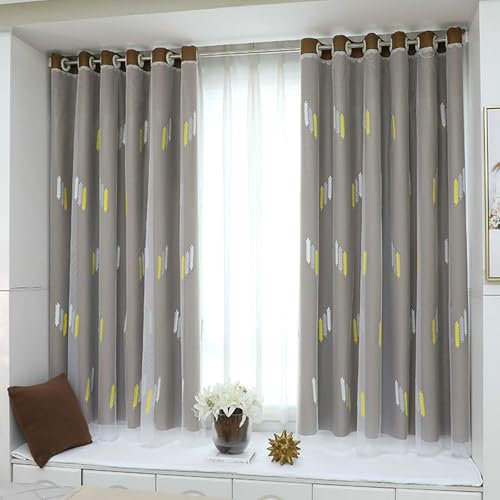 Epinki 2er Pack Vorhänge Muster Blickdicht Ösenschal, Verdunklungs Vorhang Weizen Gestickt Doppelschicht Vorhänge Wohnzimmer Junge aus Stoff für Schlafzimmer Braun H214 x B107 cm