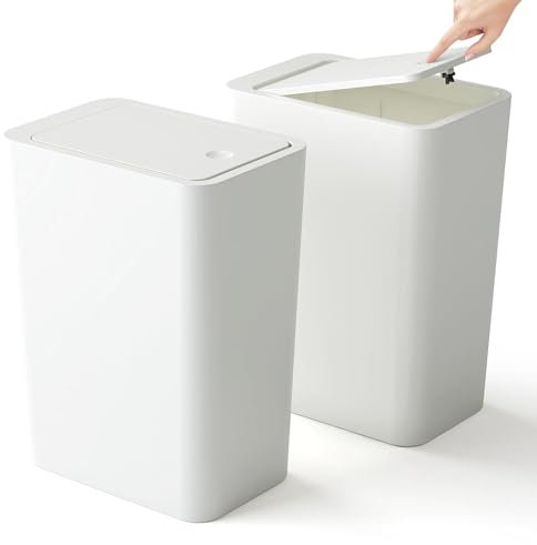 2PCS Bedroom Bin,Push Button Thin Trash Can10L Slim Bathroom Bin with Lid, Anti-Odour Narrow Waste Dog Proof Garbage Can for Bathroom,Office,Living Room,Kitchen,Toilet (White)