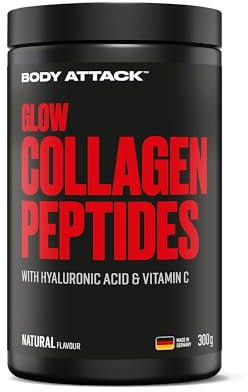 Body Attack Glow Collagen Peptide - 300 g, Neutral - Kollagen Pulver hochdosiert - Glow Up für Stoffwechsel, Haut & Knochen - Echtes Kollagen mit Hyaluronsäure, Vitamin C, Kuper & Glycin