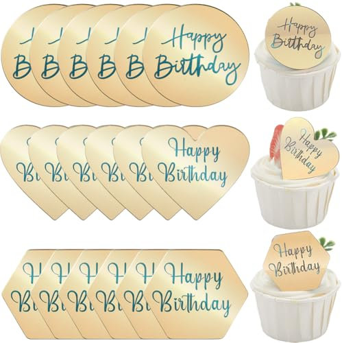 SOFPLATE 1 Box 21Pcs 3 Styles Mirror Cupcake Toppers Gold Acrylic Cake Topper Round Engraved Disc Hexagon Love Hearts Dessert Happy Birthday Cup Cakes Decoration for Birthday Party Baking DIY Supplies