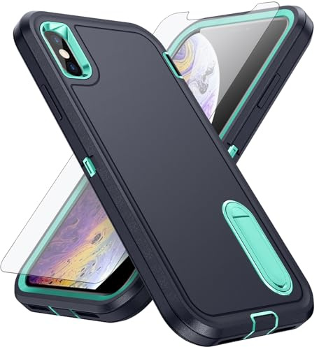 Phone Case for iPhone Xs X 10 10s with Screen Protector Cell Cover Hybrid Hidden Stand Rugged Shockproof Hard Heavy Duty Protective iPhoneX iPhoneXs iPhone10 i PhoneX SX 10x 10xs X’s (Navy+Cyan)
