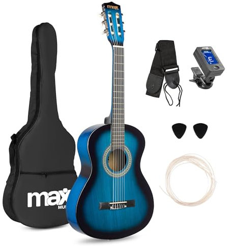 MAX SoloArt Junior - Akustik Gitarre 3/4, Kinder Gitarre inkl. Stimmgerät, Tasche, Plektrum, Gurt und Saiten-Zubehör, 3/4 Guitar in Holz Blau