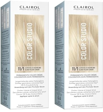 Clairol Professional Color Studio Permanente Haarfarbe Ultra helles Aschblond 11/1 (110 ml) – mit Metal-Purifier für 6 x weniger Haarbruch & bis zu 100% Grauabdeckung – inkl. Haarkur (Packung mit 2)