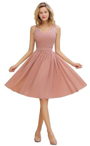 UJEDFHV Damigella d'Onore Donna Abiti da Damigella d'Onore in Chiffon e Pizzo Rosa Antico, Scollo a V, Corti, for la Sposa, for Matrimonio Formale(Pink,8)