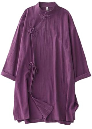 Cotton Linen Mid-Length Hanfu Shirt for Women, Side Slit Tea Zen Suit Loose Tang Suit Top Tai-chi Blouse, XXL, Purple