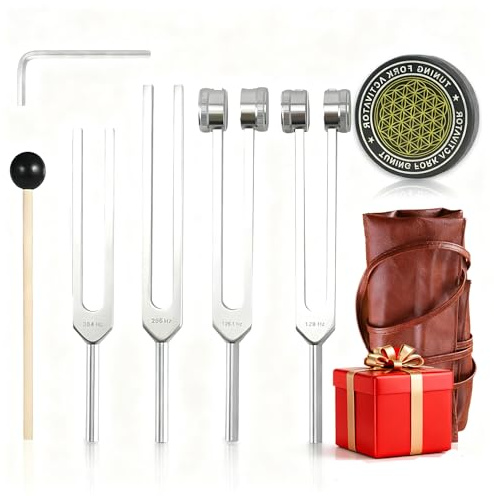 Leopacat Tuning Forks for Healing,4 Pcs Body Weighted Tuning Forks | Healing Chakra Set 128Hz 256Hz 384Hz 136.1Hz Aluminum Alloy with Leather Storage Bag Suitable for Yoga Meditation Relaxation