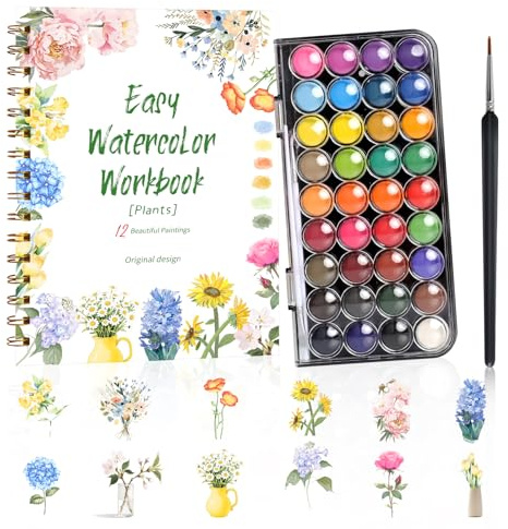 AKINSTER Aquarell Malbuch Arbeitsbuch Watercolor Workbook 36 Farben Lackierset mit Pinsel Anfängerfreundliches Malbuch Kunsthandwerk für Kreative Erkundung Erwachsene Teenager Künstler (Blumen)