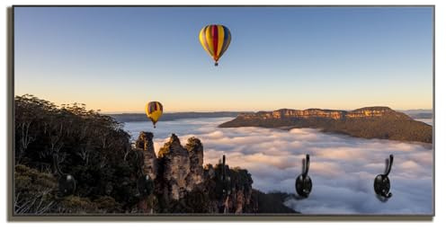 Wallario Wandgarderobe aus Holz in Größe 80 x 40 cm in Premium-Qualität, Motiv: Ballons über Nebelmeer | 5 Kleiderhaken zum Aufhängen