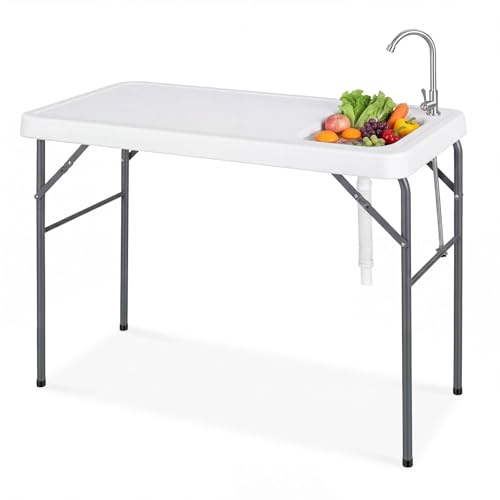 FANTASK Mesa de fileteado Plegable con Boquilla de pulverización, 104 x 59 x 76 cm, Mesa de Limpieza de Peces con Fregadero, Grifo y Escala de medición para jardín, terraza y Pesca, Color Blanco