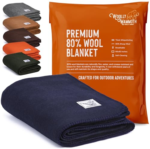 Wolly Mammoth 80 % Wolle Decke - Sofa Kuscheldecke 167 x 230 cm Dicke Wärmedecke, Flauschige Wohndecke, Militärdecke, Wolldecke, Wärmende, Schwere Couchdecke, Draußen, Camping Rettungsdecke Marineblau