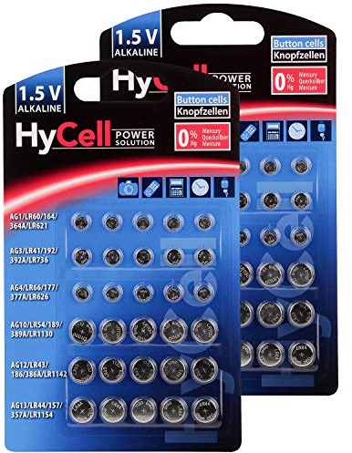 HyCell 60 x Knopfzellen-Sparset Alkaline / Je 10x LR621 LR736 LR626 LR1130 386A LR1154 / Ideal für Autoschlüssel TAN-Gerät Kinderspielzeug Uhren Fernbedienung etc.