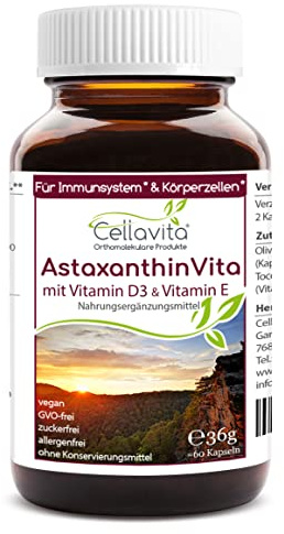 Cellavita – Astaxanthin mit Vitamin D+E – Nahrungsergänzungsmittel Vitamin D3 60 Kapseln – Unterstützung von Immunsystem, Körperzellen und Erhaltung von Knochen