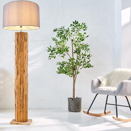 cagü: XL Design Stehlampe SABAH Grau Leinenschirm Teak Massivholz handgefertigt 160cm Höhe Unikat