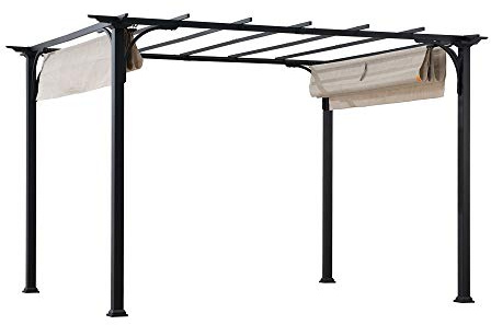 Sunjoy Pergola für den Außenbereich, 2,7 x 3,6 m, Terrasse, schwarzer Stahlrahmen, Pergola mit einziehbarem beigefarbenem Baldachin, Schatten für Hinterhof, Gartenaktivitäten'