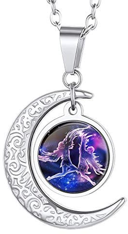 Suplight Horoscope Constellation Zodiac Sign Necklace, Celestial Pendant with Chain 22, Astrology Star Sign Jewelrys, Stainless Steel Engraved Crescent Moon Zodiac Necklace Gemini for Women
