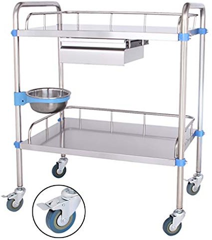 2 Etagen Edelstahl Servicewagen Medical Dental Lab Rollwagen, Catering Servierwagen Küchenwagen mit Geräuschlosem Omnidirektionalem Rad