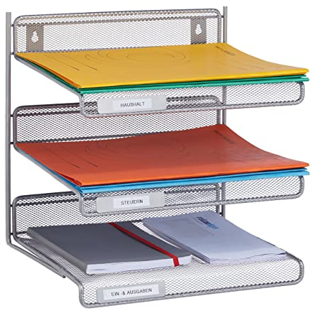 Relaxdays Dokumentenablage, Metall, Wandmontage & Hinstellen, Briefablage DIN A4, Büroablage HBT: 32x33x25 cm, Silber, 3 Ebenen