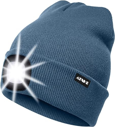 ATNKE LED Beleuchtete Mütze,Wiederaufladbare USB Laufmütze mit Licht Extrem Heller 4 LED Lampe Winter Warme Stirnlampe für Herren und Damen Geschenke/Shadow Blue