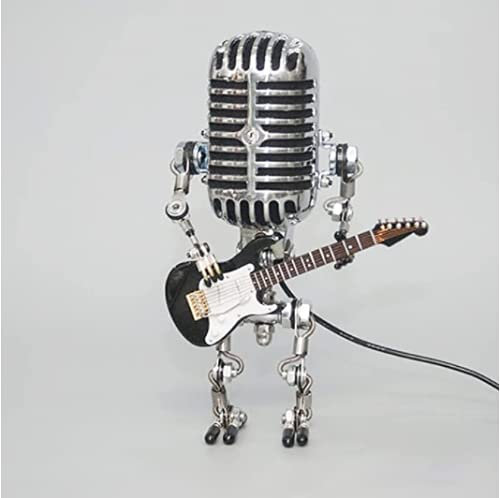 Vintage Microphone Robot Desk Lamp Metal Microphone Robot Lamp with Mini Guitar Retro Cool Cute Table Lamp for Bedrooms Bar Restaurant Lighting Decoration (B)