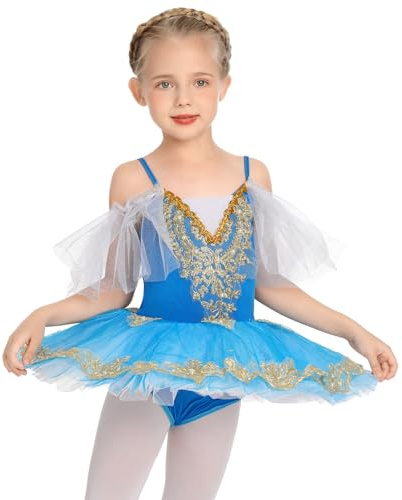 Mädchen Ballettkleid Schwanensee Ballett Kostüm Goldene Stickerei Perle Perlen Ärmellos Turnanzug Kleid Gymnastik Tanzkleid Kinder Tanzbody Ballettkleidung mit Rock Tütü