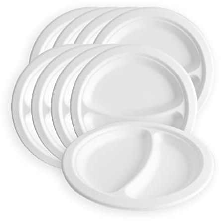 Linario Platos para barbacoa de 22,5 cm de 9 pulgadas con 2 compartimentos, biodegradables, sin plástico, respetuosos con el medio ambiente, 25 unidades por paquete